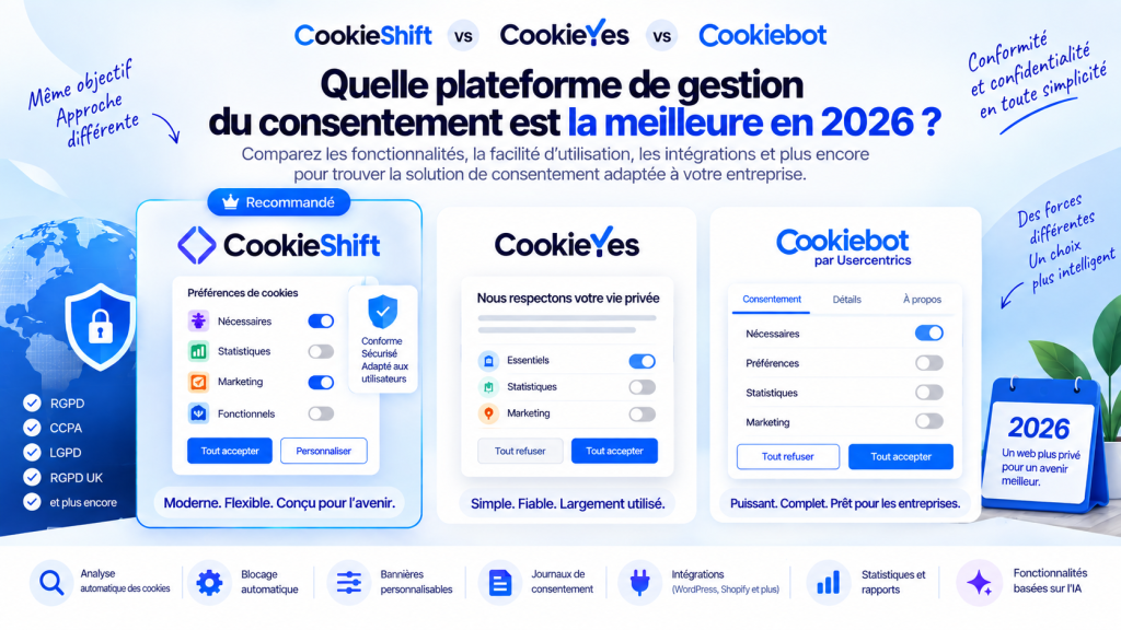 CookieShift, CookieYes ou Cookiebot : quelle est la meilleure plateforme de gestion du consentement en 2026 ?
